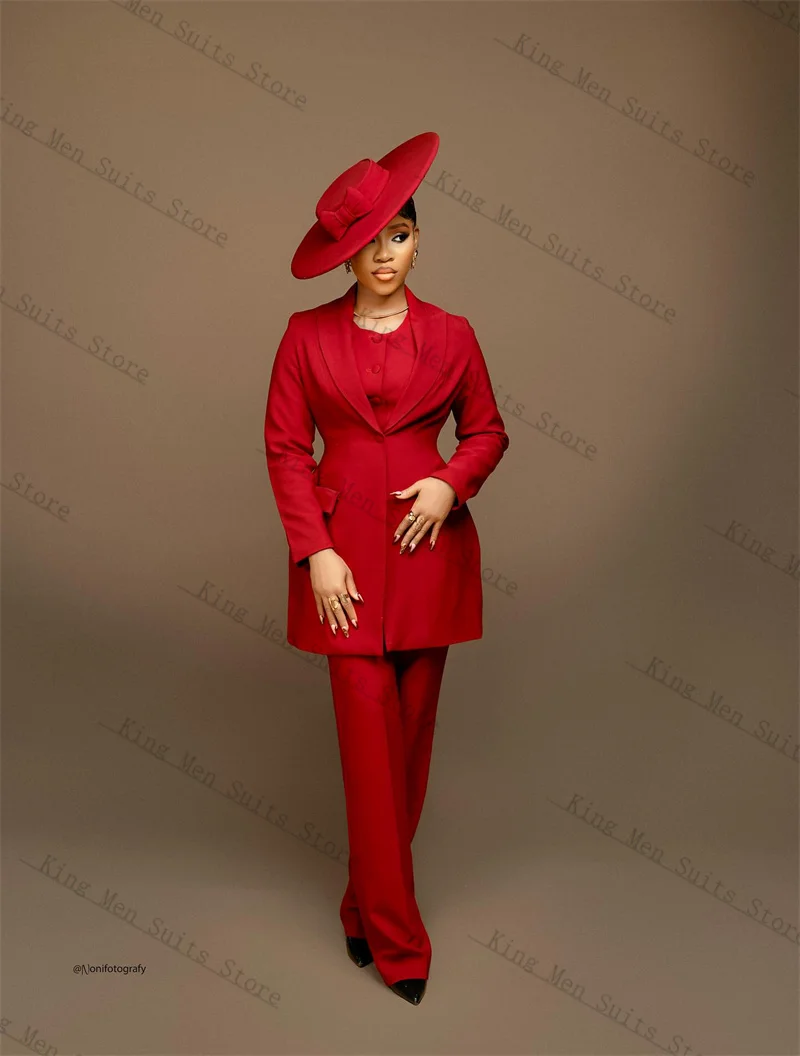Red Women Suits Set 2 Piece Blazer+Pants Trousers Cotton Mother Guest Customized Office Lady Jacket Wedding Tuxedo Prom Coat
