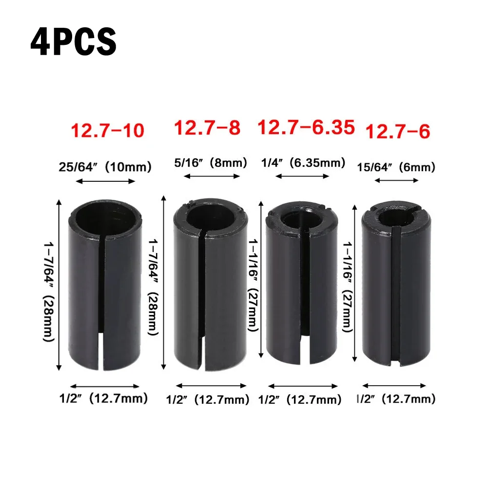 4pcs Milling Cutter Conversion Chuck Large To Small Route Bit Adapter Collet Reducing Sleeve Carbon Steel 12.7mm To 6/6.35/8/10