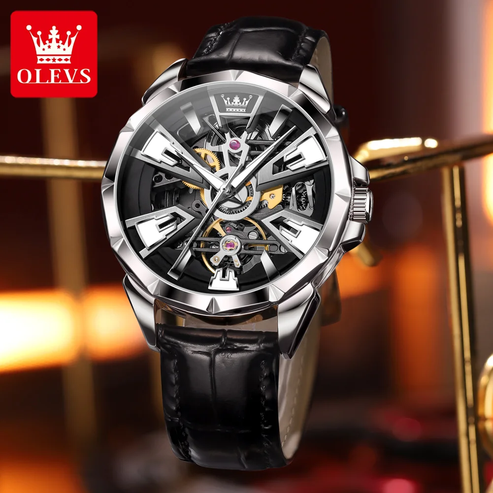OLEVS 7051 Original Brand Men's Watch Casual Leather strap Waterproof Automatic Mechanical Watch Luminous Skeleton Wristwatch