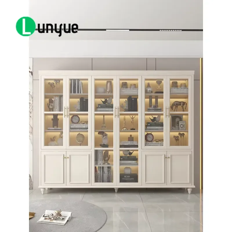 American Country Style Solid Wood Bookcase with Glass Door Fixed Shelf Storage Rack No Assembly Needed for Study Home Office