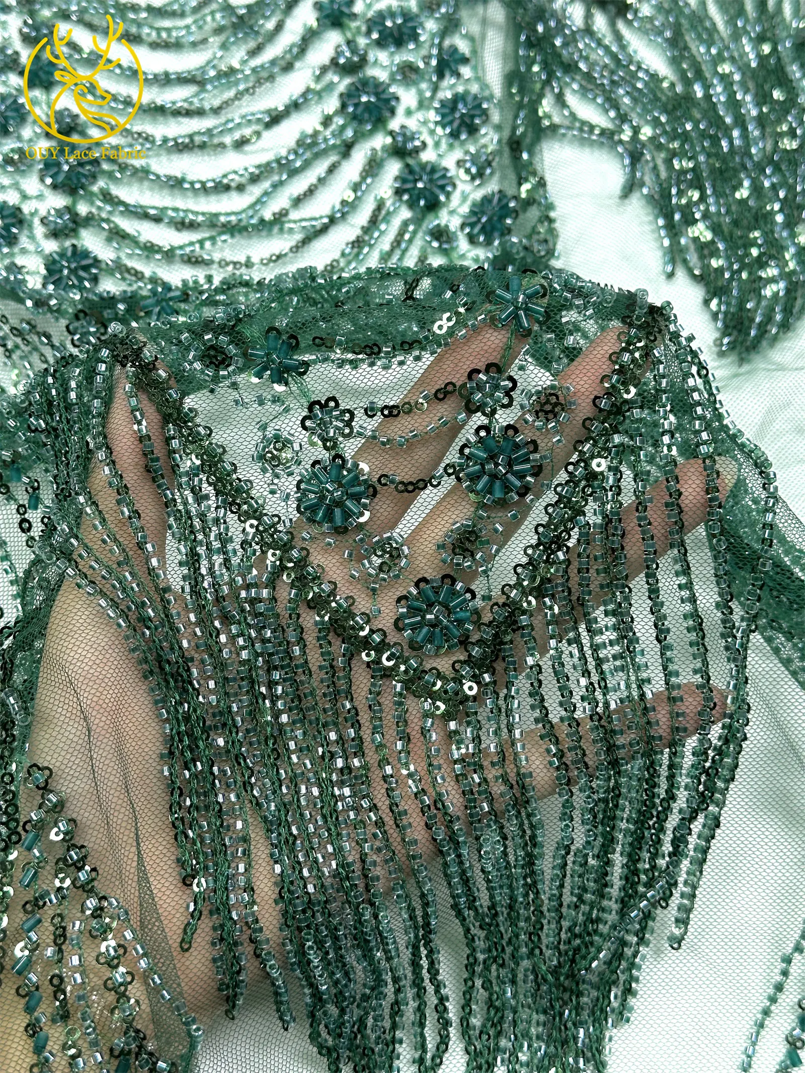 Grüner neuer Design-Tüllstoff mit afrikanischen 3D-Perlen, hochwertiger französischer Pailletten-Tüllstoff für Hochzeitskleider zum Nähen – Detail 8