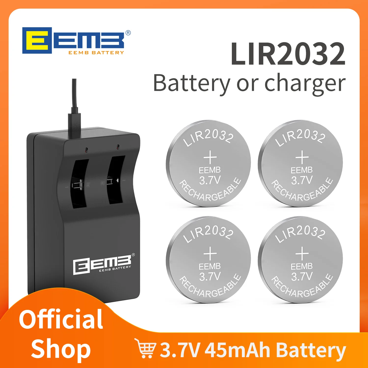 Bateria recarregável EEMB LIR2032 com carregador (opcional) 3.7V 2032 Bateria de íon de lítio 45mAh Baterias tipo moeda de célula de lítio