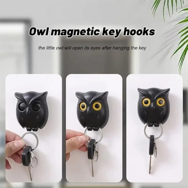 1PCS Black White Brown Cartoon Owl Key Holder Cute Magnetic Auto Eye Opening Night Glow Wall Hanging Keychain Decorative Hooks