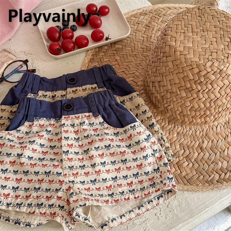 

Korean Style New Summer Baby Girls Fashion Shorts Kids Beige Khaki Bow Print Short Pants Elastic Waist Wide Leg Trousers A5273