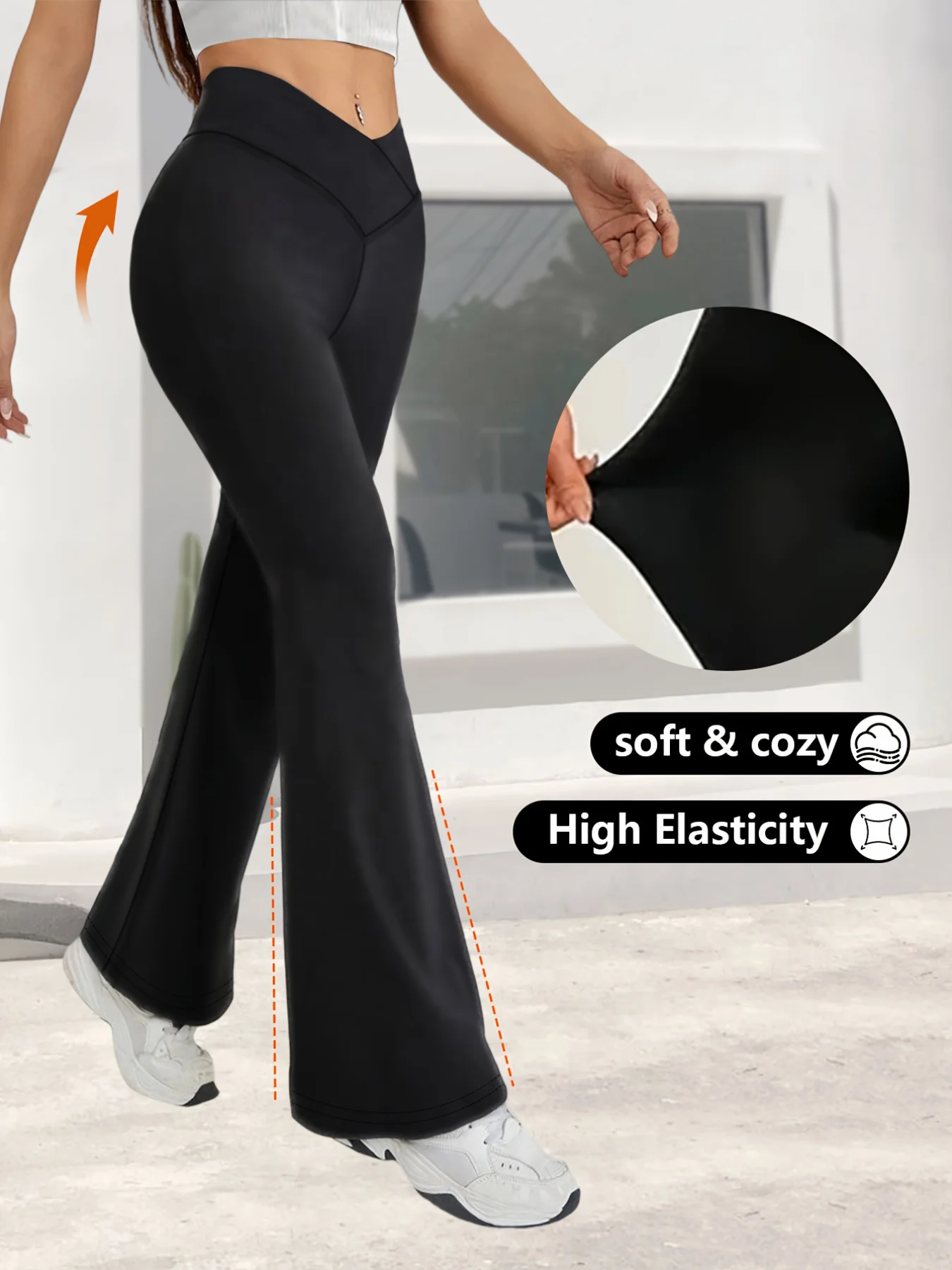 Spring Black Leggings High Waist Stretch Wide Leg Pants Slightly Flared Hems Cross Waist Design For Casual Sports Long Trousers image 3