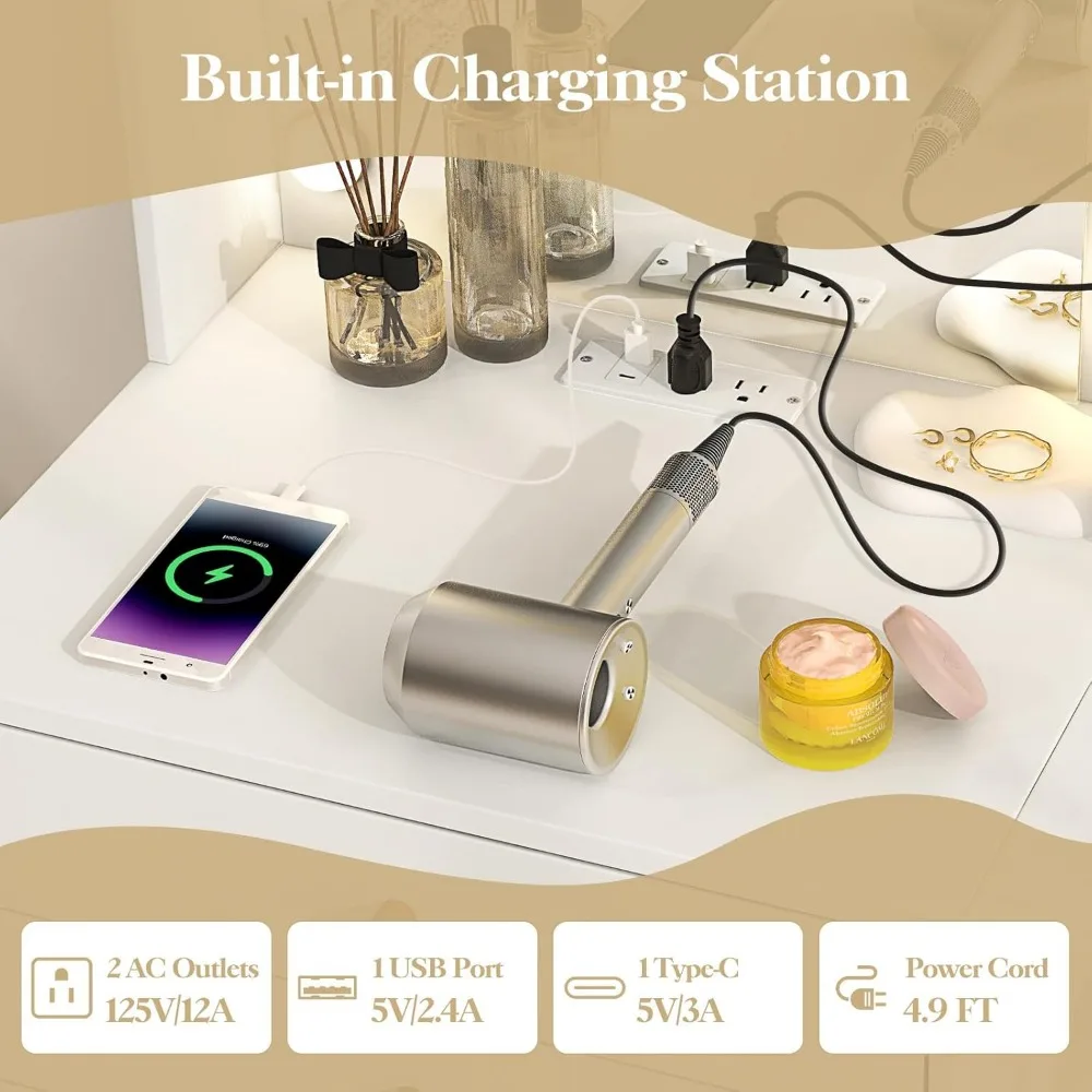 مكتب مكياج مدمج مع مقعد مبطن، ومرآة مضاءة بثلاثة ألوان، وتخزين مخفي للمساحات الصغيرة #6