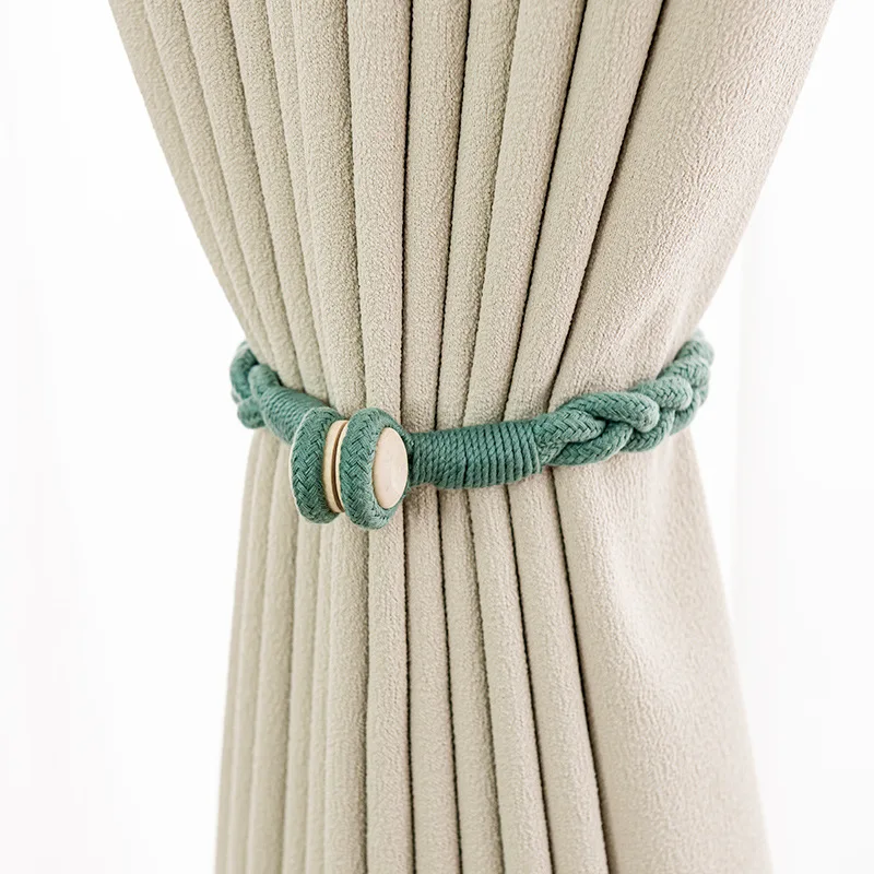 Modern Minimalist Nordic Twist Braided Curtain Tiebacks with Wood Magnetic Buckle - No-Drill Window Organizer