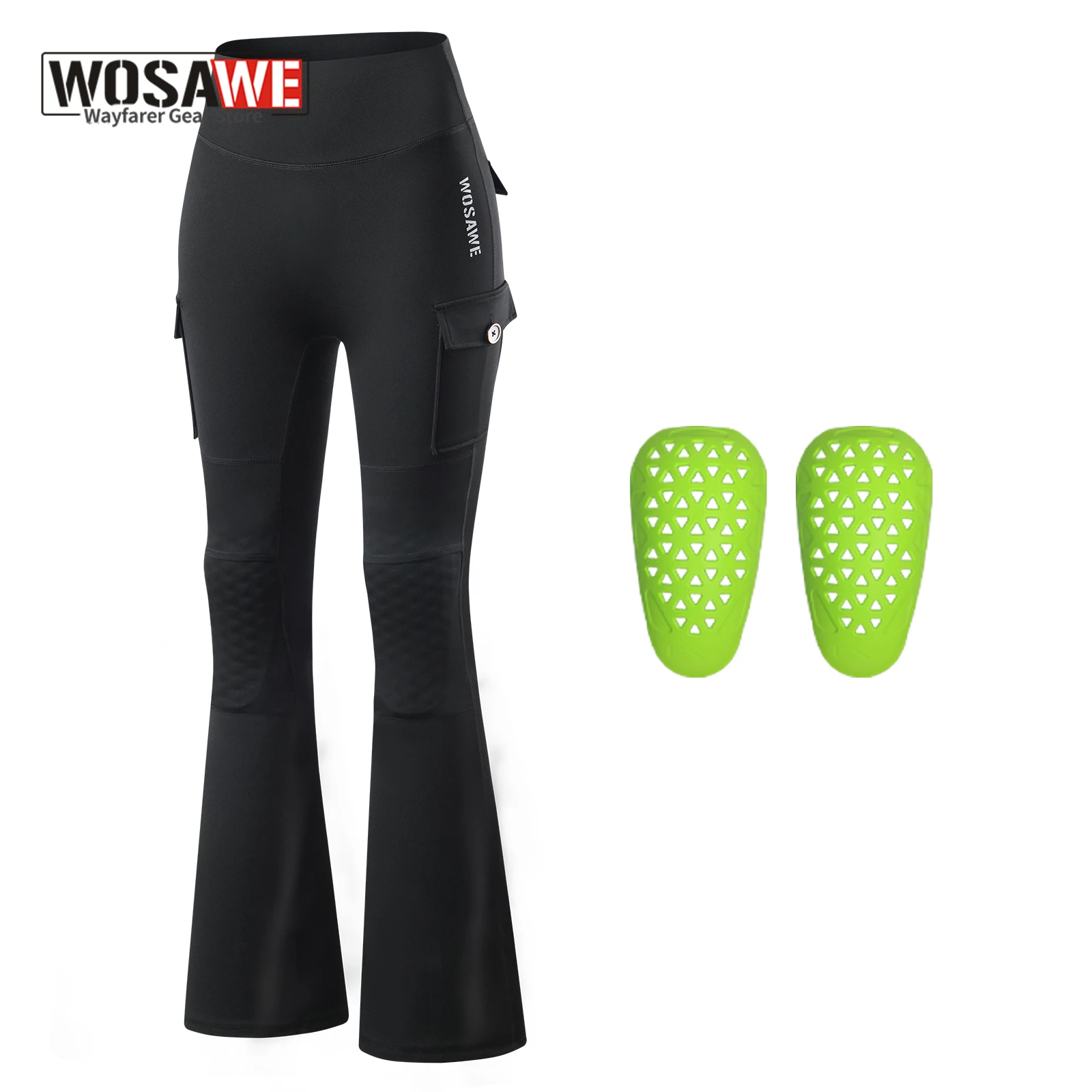 

WOSAWE Women Motorcycle Flare Pants with Removable CE Knee Pads Moto Streetwear Fitness Yoga Gym Work out Hip Long Pants