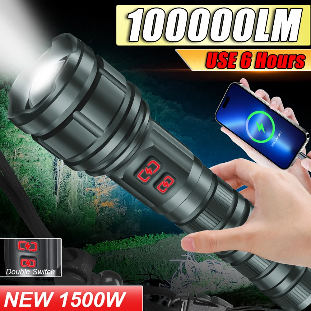 High Power 100000LM LED Flashlight Zoom Rechargeable Tactical Torch Dual Light Source Ultra Powerful Camping Fishing Lantern