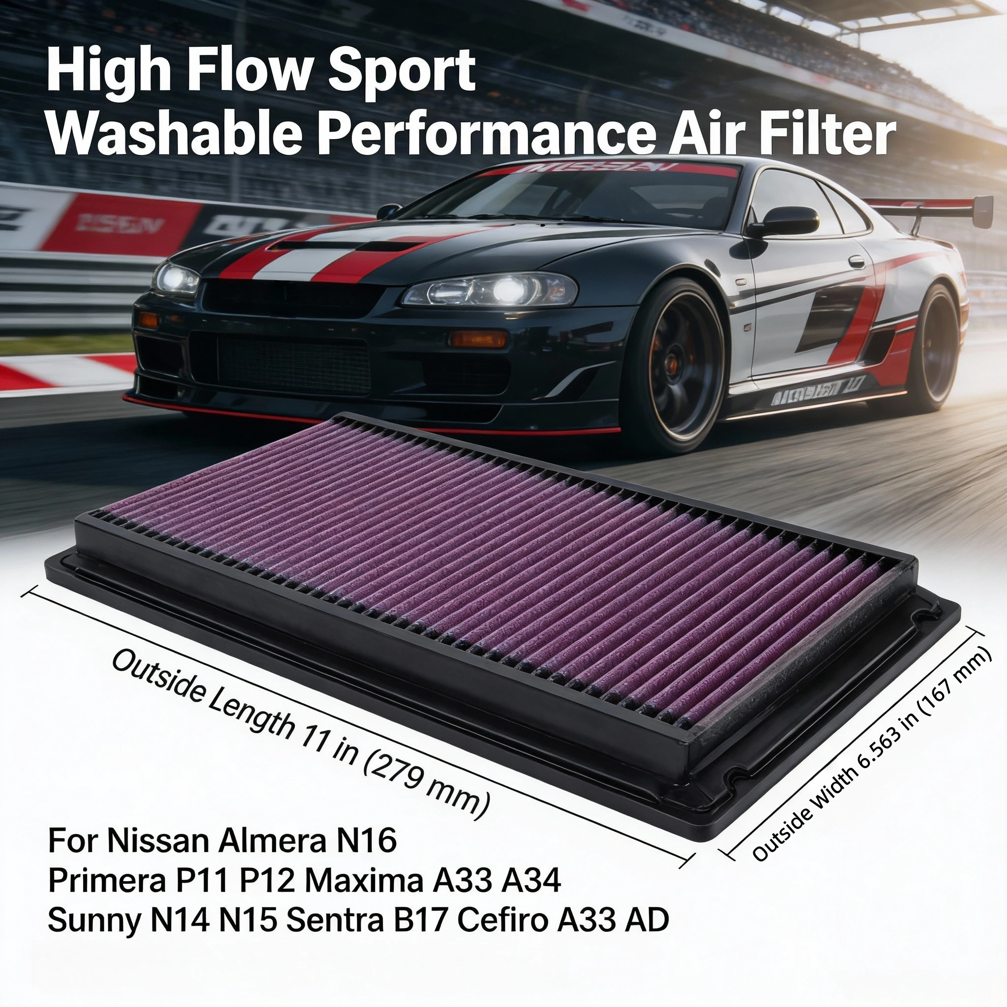 For Nissan Almera N16 Primera P11 P12 Maxima A33 A34 Sunny N14 N15 Sentra B17 Cefiro A33 AD High Flow Sport Washable Air Filter