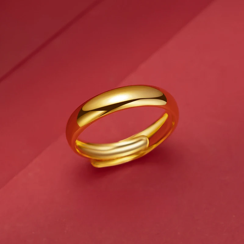 Luxury 100% Real 24K Gold Adjustable Plain Polished Band Ring Unisex Open Shank Couple Matching Finger Ring