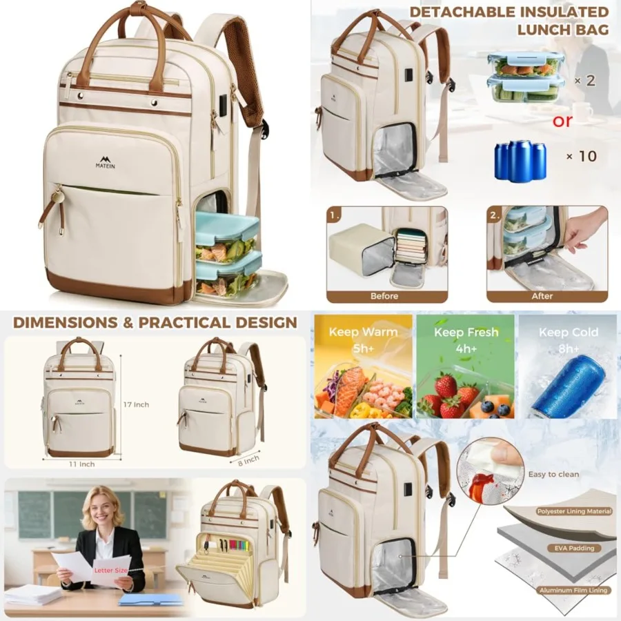 

Teacher Work Backpack with Lunch Compartment Detachable, 15.6 Inch Laptop Backpack with Organized Pocket, College Computer Back