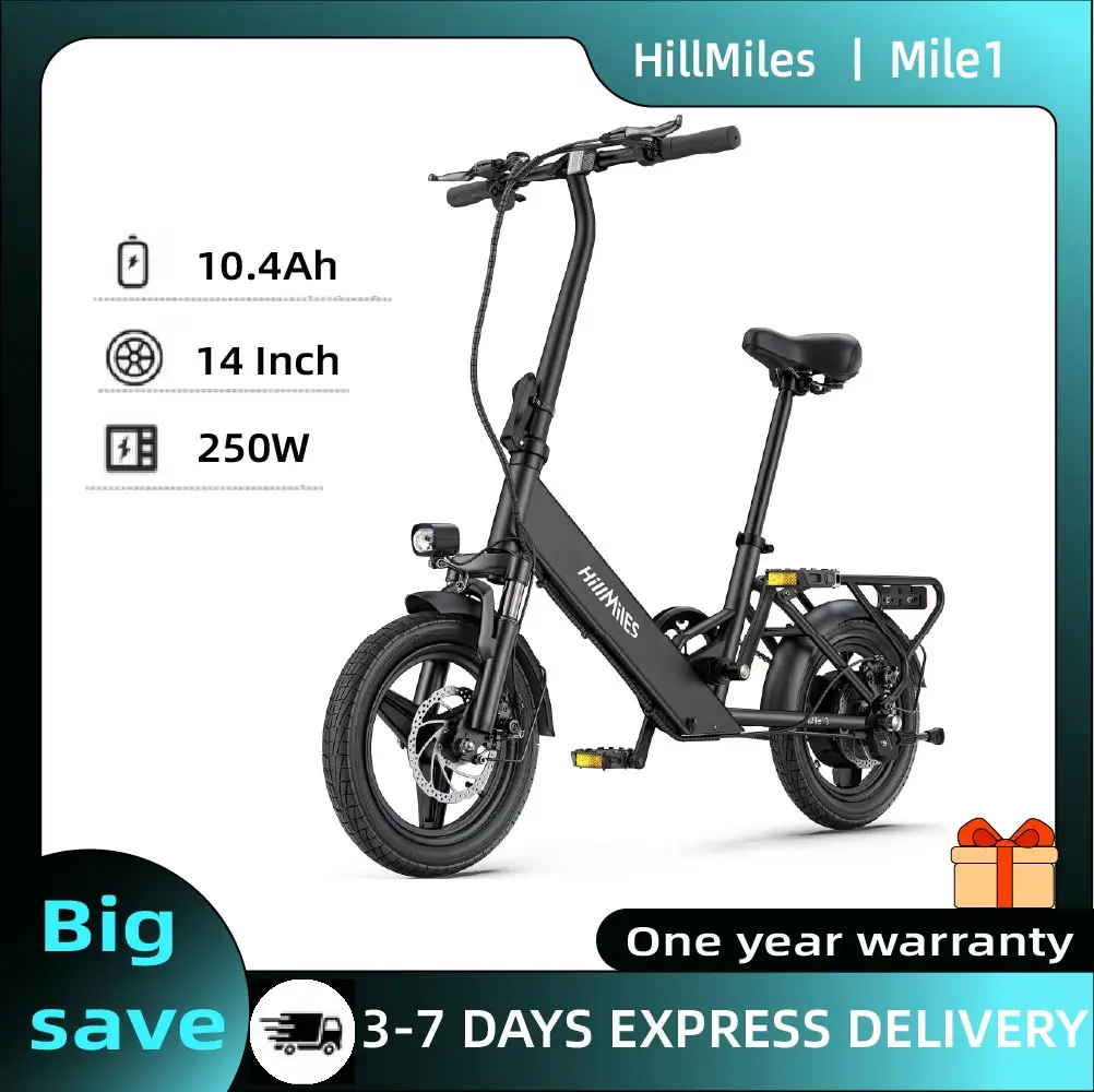 Vélo électrique adulte HillMiles Mile 1, 250W, 36V, 10.4AH, 14 pouces, pliable, vélo électrique urbain avec pneus de ville pour les trajets quotidiens