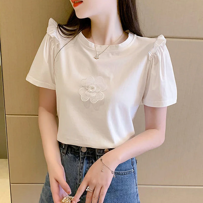 Women Korean Style Ruffle 3D Fllower Sweet Y2K Cotton T Shirt Summer Casual Chic Short Sleeve Solid Tops Ropa De Mujer Camisetas