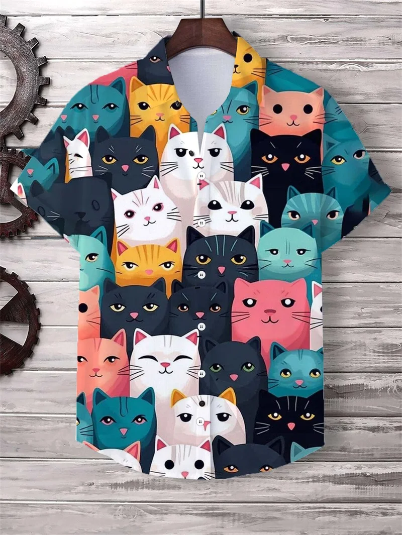 

3D Printed Men's Hawaii Shirt Cute Cartoon Cat Graphic Beach Shirts Casual Men's Short Sleeves Button Lapel Aloha Shirt Top