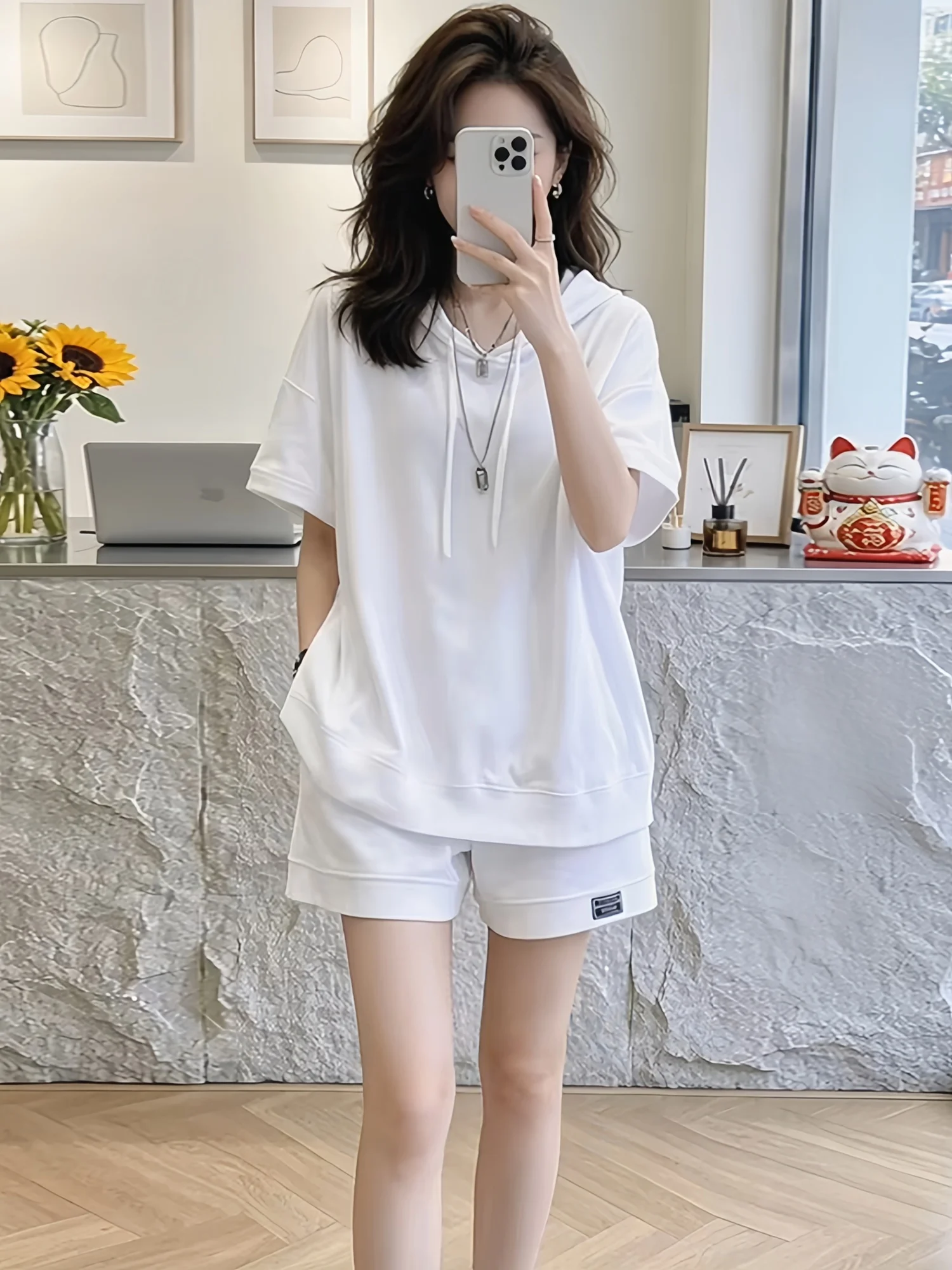 

Casual Loose Women's Two-Piece Set Summer Trendy Hoodie Top Short Pants Breathable Comfortable High Waist Fashion Outfit