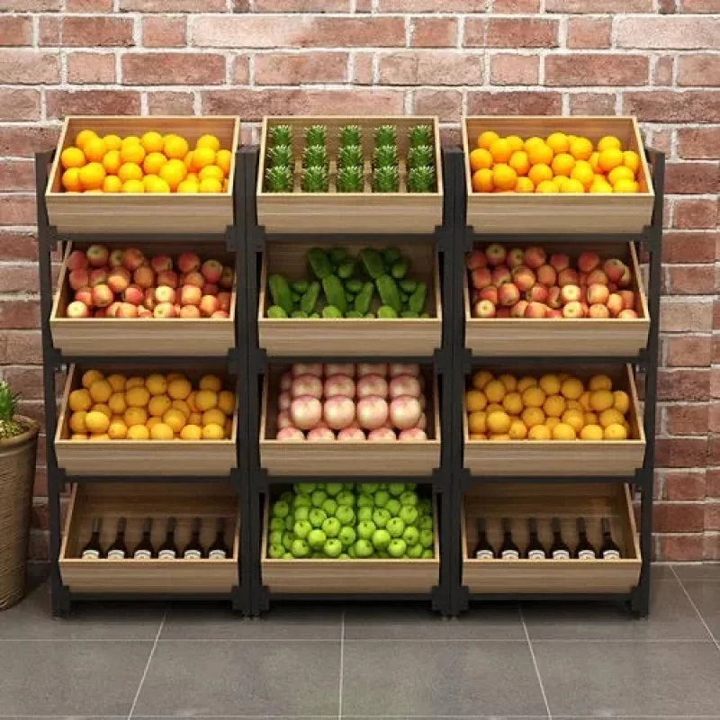 custom.Supermarket Metal Wooden Fruit and Vegetable Display Stand Rack