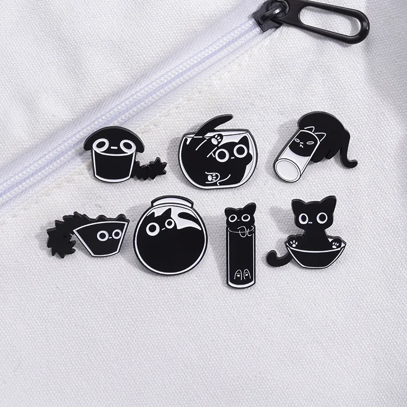 Cute Cat Enamel Pins Custom Black Kitten Terrarium Brooches Lapel Badges Cartoon Animal Jewelry Gift for Kids Friends