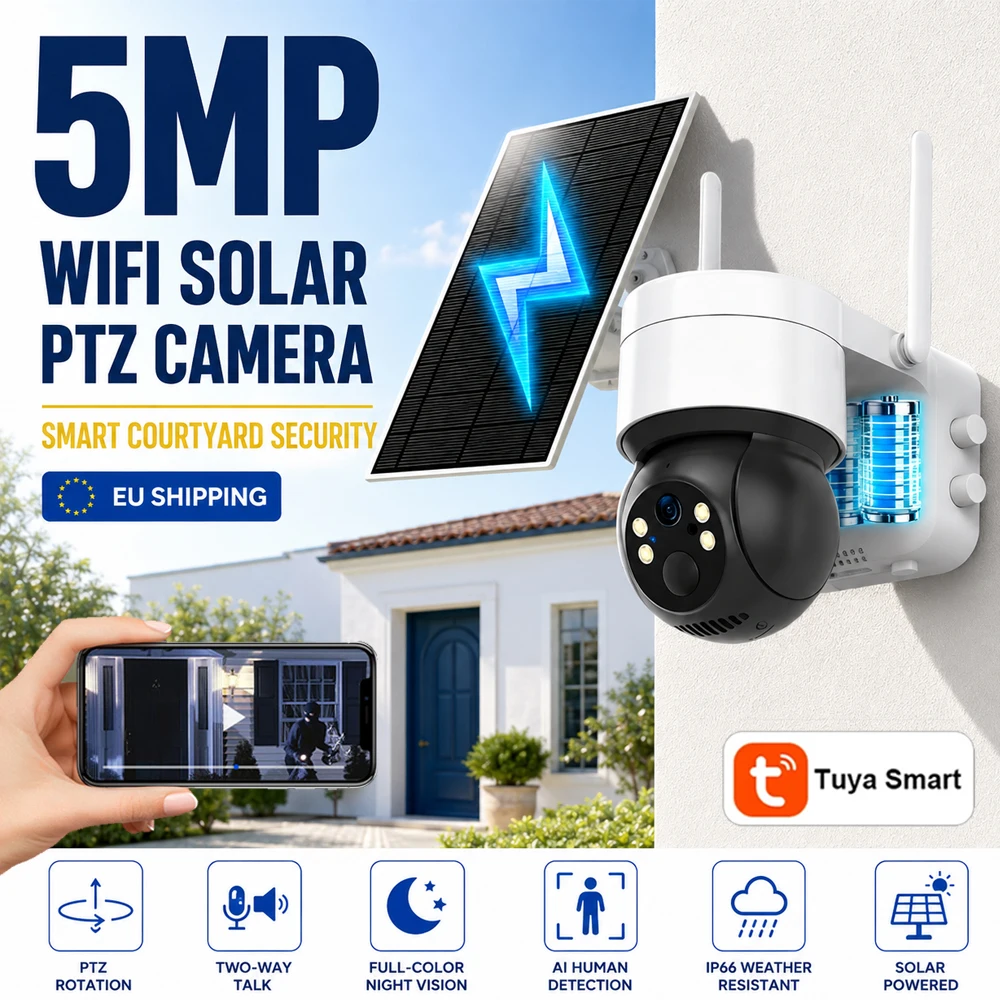 Image of Tuya Smart 5MP 2K WiFi Solarkamera für den Außenbereich, kabellos, PTZ, Farbnachtsicht, PIR-Bewegungserkennung, IP66 wasserdicht, Sicherheitskamera mit eingebautem Akku, EU-Lokallager
