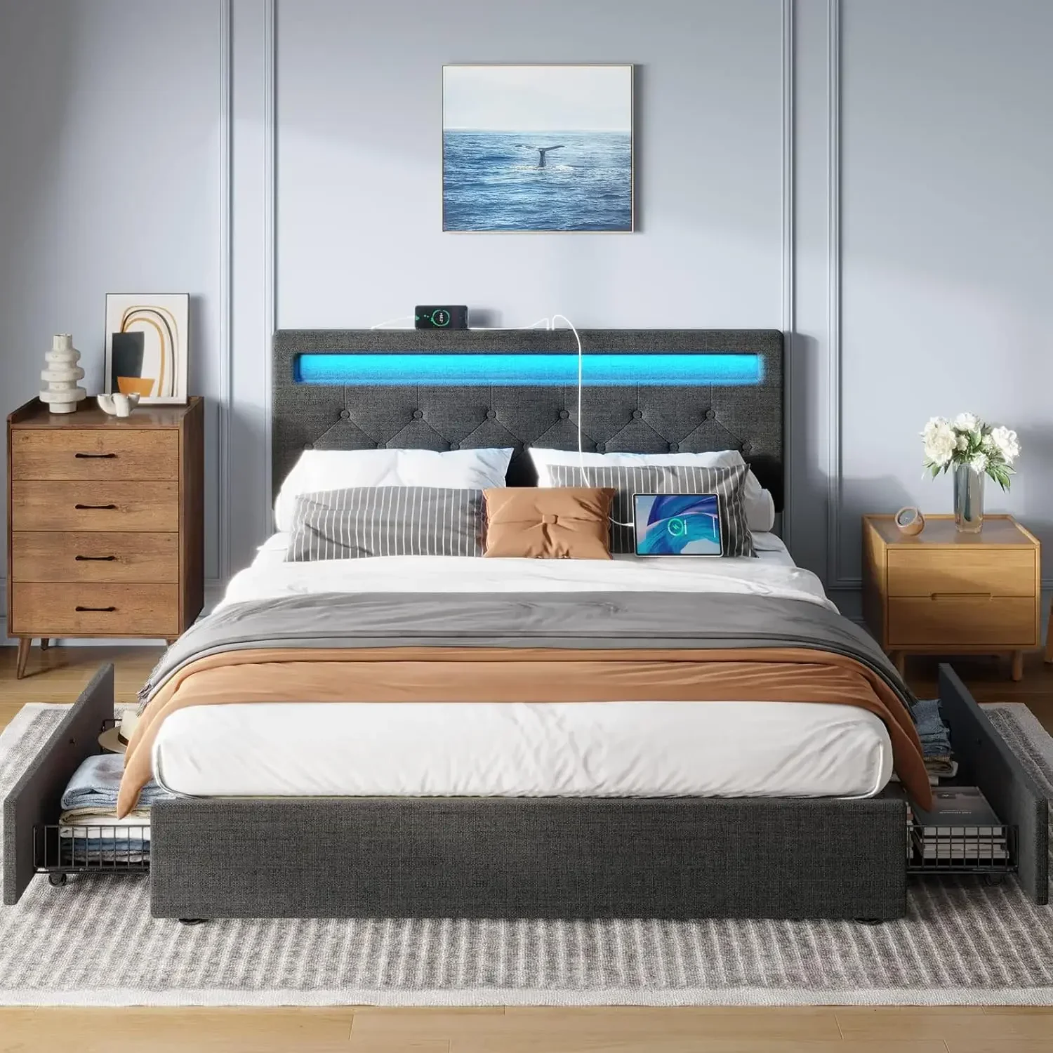 Twin Size Bed Frame with Charging Station and LED Lights, Upholstered Bed with Adjustable Headboard and 4 Storage Drawers