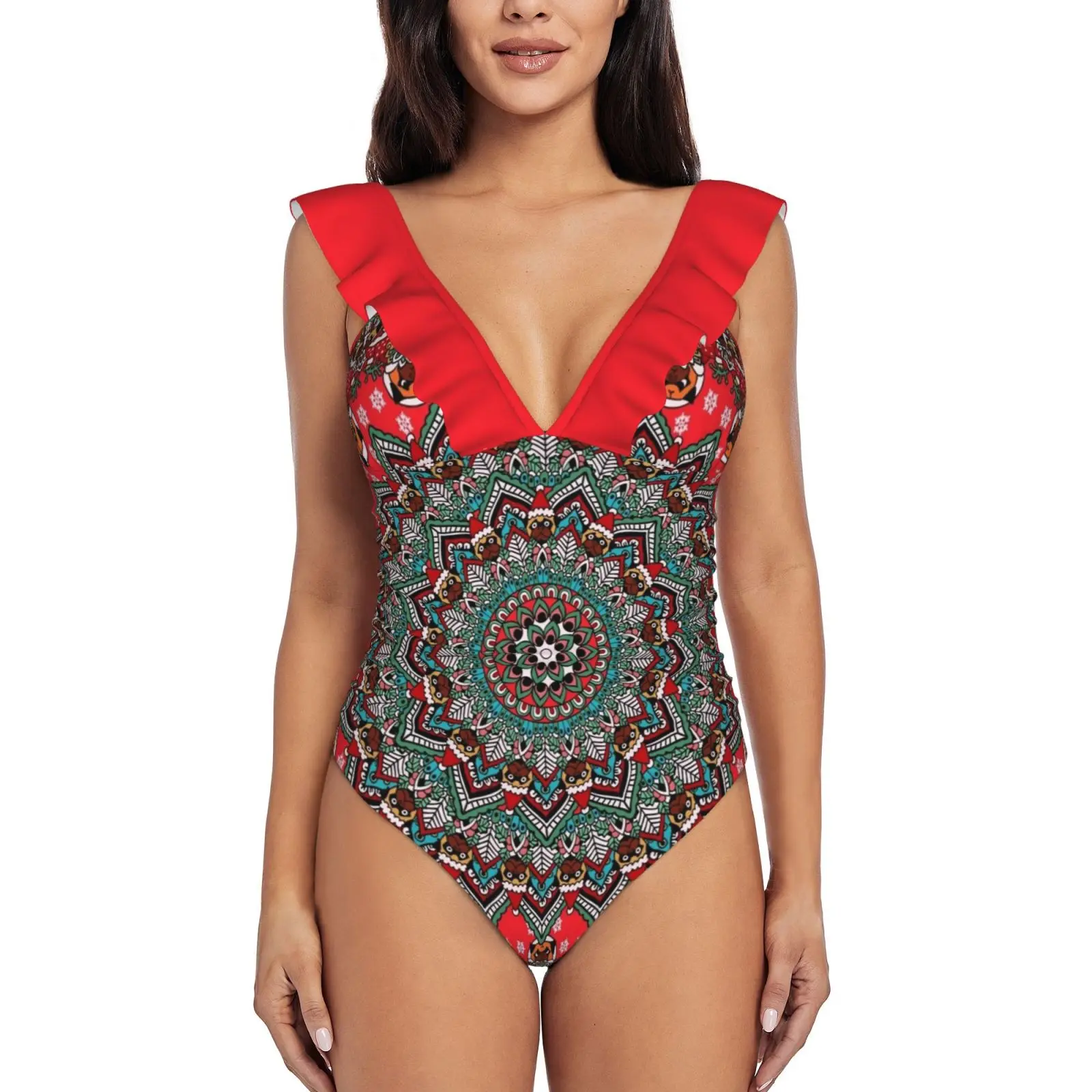 

Mandala Christmas Pug Monokini New Ruffle One Piece Swimsuit Female Sexy Swimwear Women Print Bathing Suit Sparkling