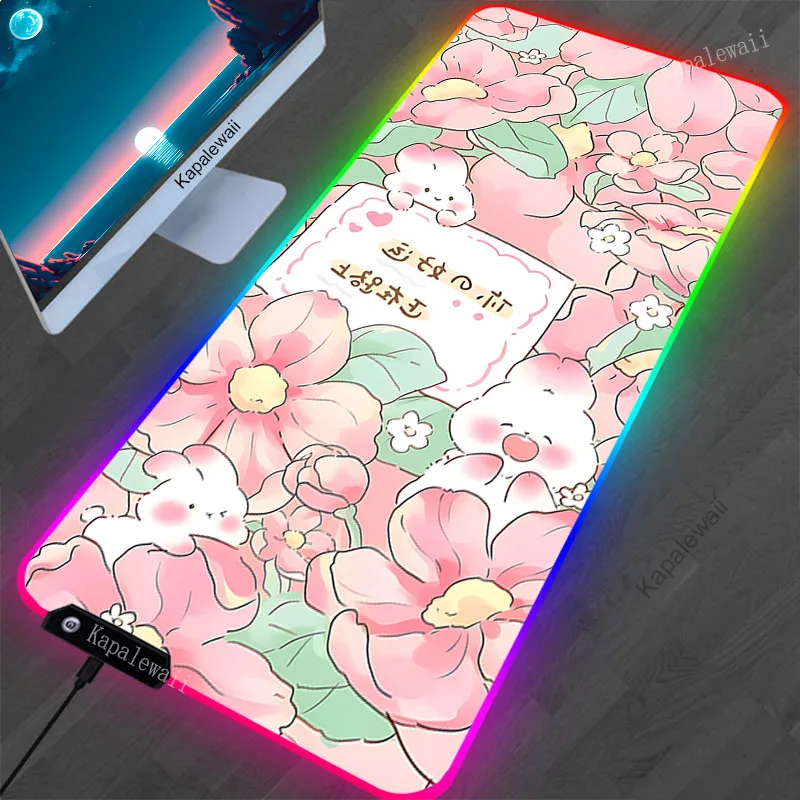 Grand tapis de souris RGB à fleurs roses, LED, pour gamer, tapis de table, clavier, média, 90x40cm