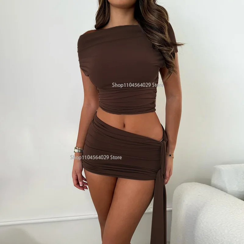 Women Solid 2 Piece Set Sexy Off Shoulder Short Sleeve Ruched Slim Crop Tops Lace Up Ribbon Bodycon Mini Skirts Casual Suits