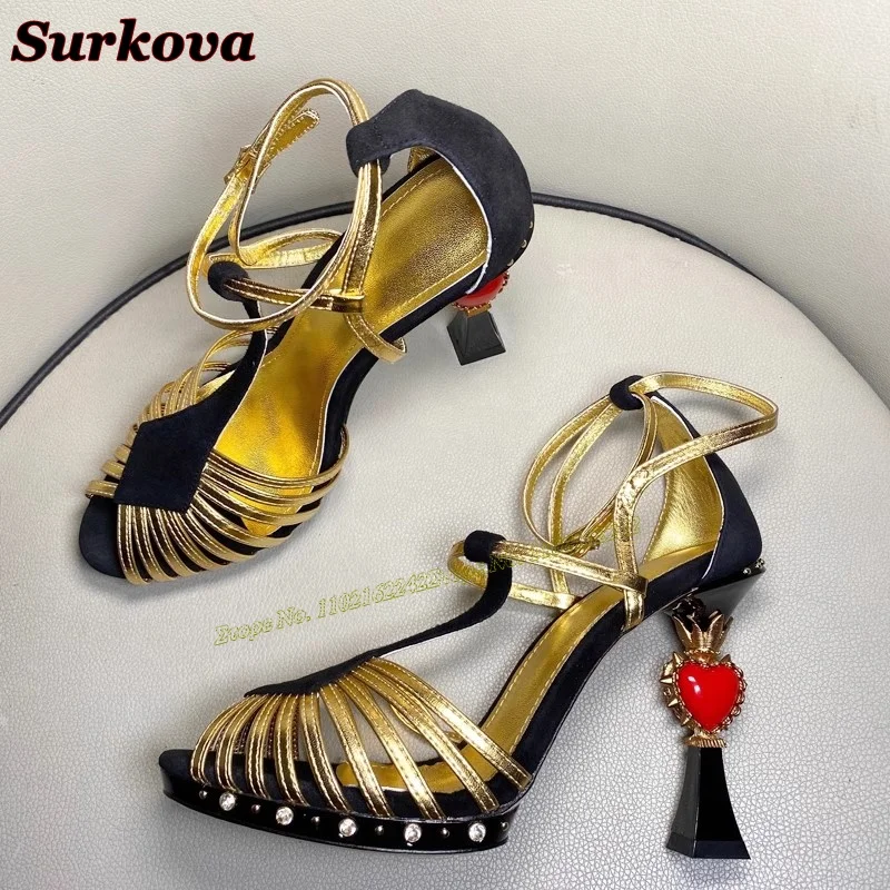 2024 New Hollow Breathable Women'S Shoes Round Head Special-Shaped Heel Buckle Strap High Heels Fashion Catwalk Dress Sandals 43