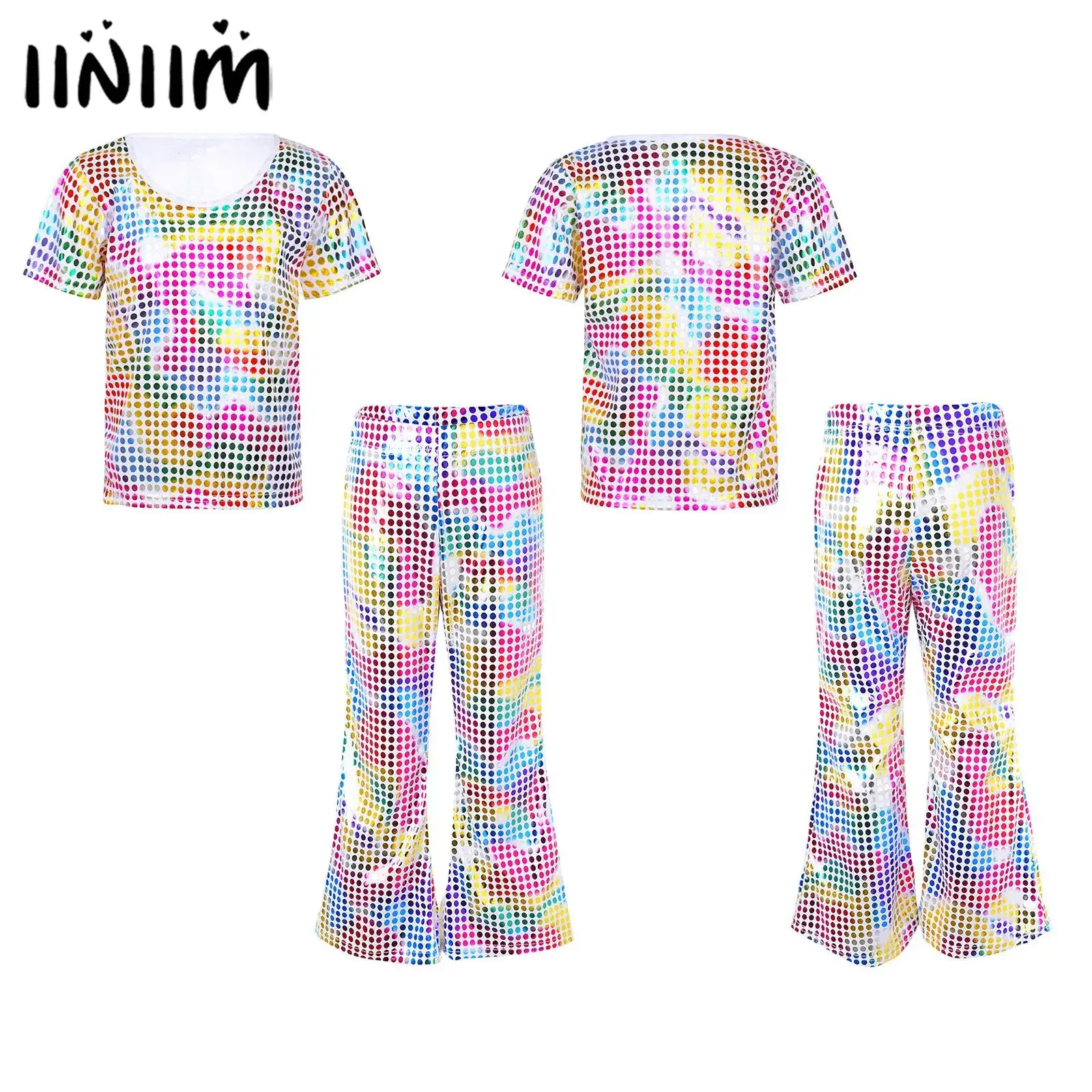 

Kids Girls Sparkly Sequins Jazz Street Cheerleading Dance Costume School Stage Performance Competition Two Piece Dancing Outfits