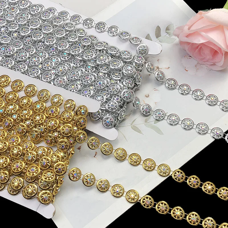 8 Yards 1.4cm Wide Glittering Circular Rhinestone Chain Lace Trim Gold Silver Crystal for Wedding Dress Sewing DIY Craft Decor
