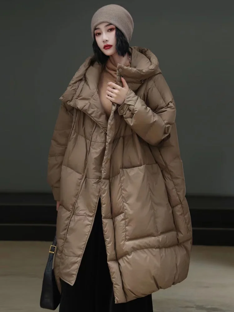 Janveny فضفاض طويل سترة منفوخة الشتاء النساء الثلوج رقيق ريشة الدافئة أبلى مقنعين 90% بطة أسفل معطف سترة سميكة JJ1127