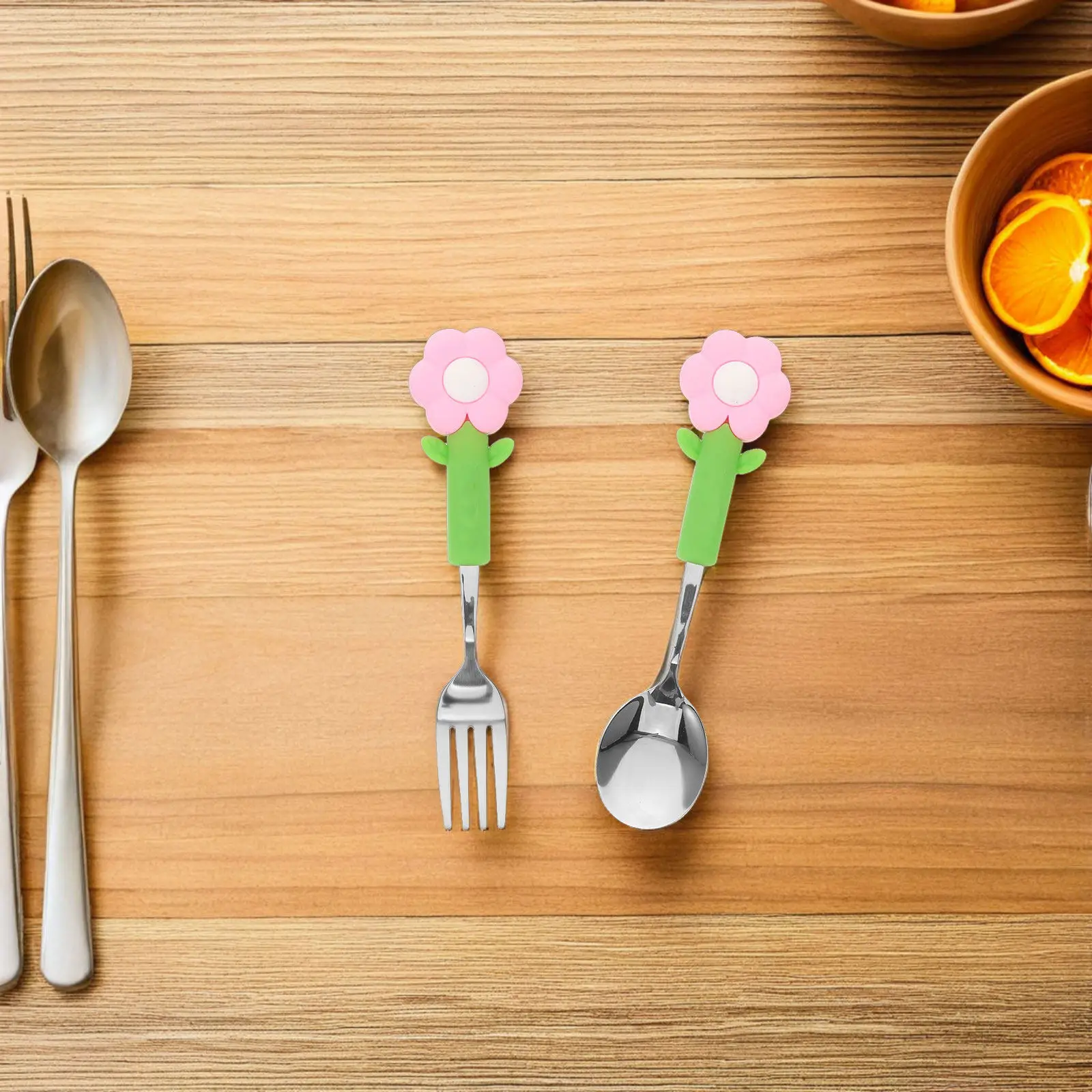 

2Pcs Kids Spoon and Fork Set Sunflower Pattern Stainless Steel Toddler Dinnerware Ergonomic for Small Hands Travel Friendly