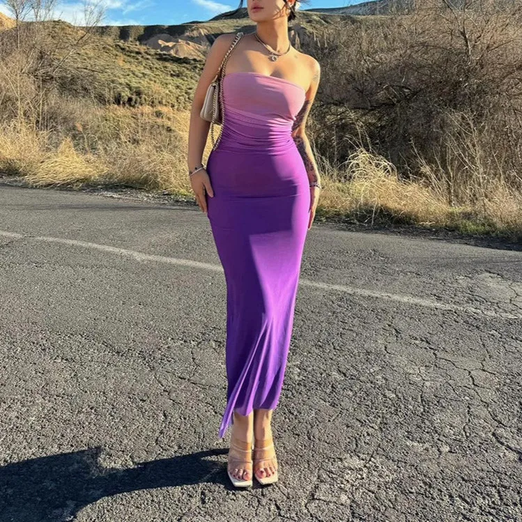 Gradient Slim Midi Dress Women Strapless Bodycon Sexy Party Evening Vintage Fashion Y2K Summer Cheap Clothes Long Dresses Women