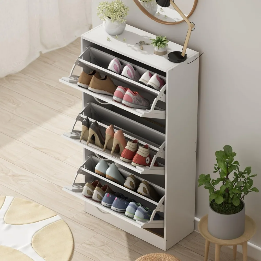 3-Drawer Shoe Storage Cabinet with Louver Doors, 3-Tier Freestanding Tipping Bucket Shoe Cabinet Shoe Rack Storage Organizer