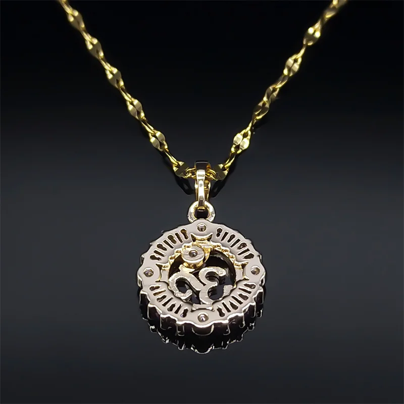 Aesthetic Chakra OM Reiki Symbol Pendant Necklace for Women Men Stainless Steel Gold Color Buddhism Lotus Mala Chain Jewelry NS7