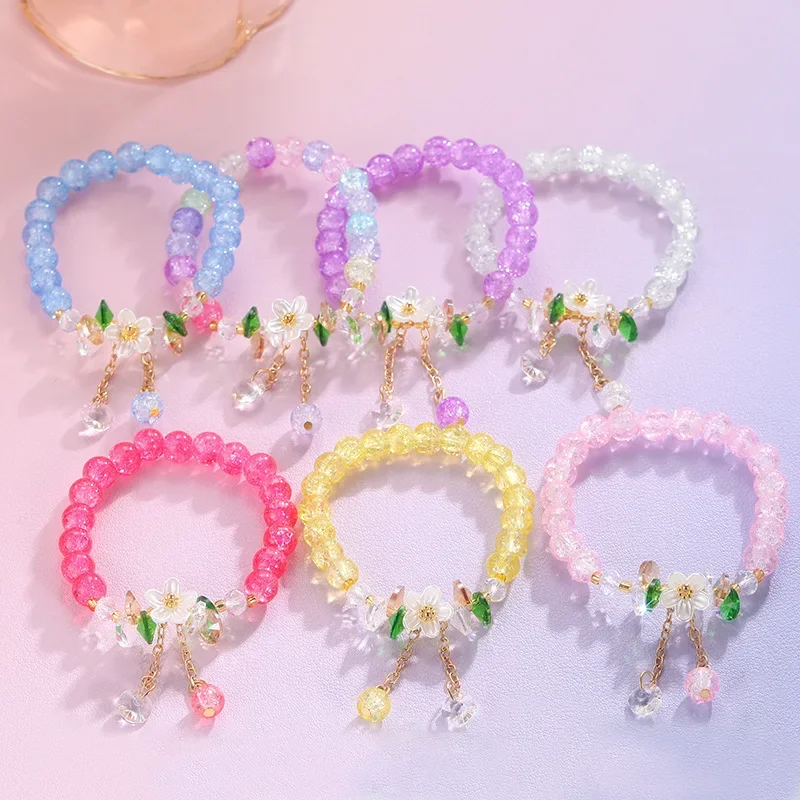 Bracelet élastique en perles multicolores rose, fait à la main, bijoux à la mode, perles bleu clair, fleur, feuille, breloque, extensible, pour filles