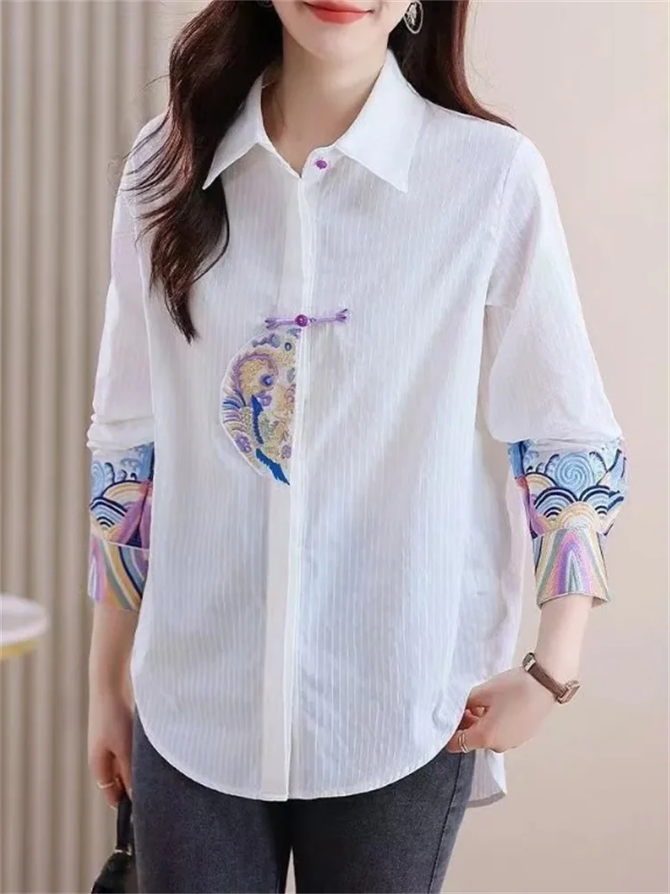 Retro Blouse Women\'s Shirt Embroidery Blouses Chinese Style Woman Clothes Shirts Laple Cardigan Top Casual Loose Female Shirt