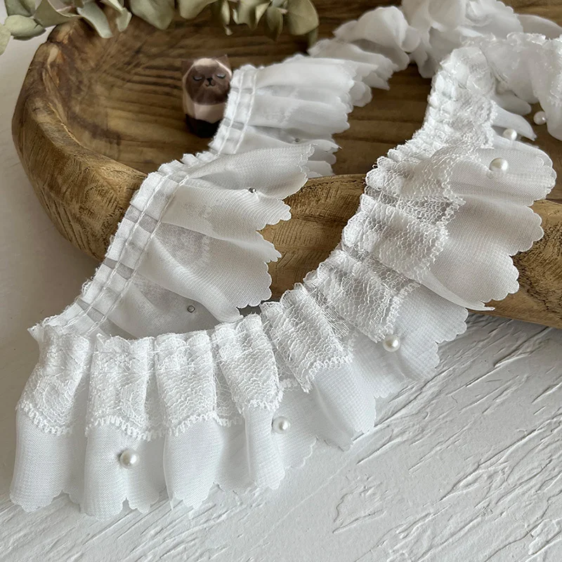 6CM Wide White Chiffon Pleated Fabric Ruffle Frilled Ribbon Beaded Fringe Lace Edge Trim Wedding Dress Collar DIY Sewing Decor