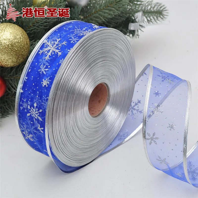 

6.3cm Christmas Ribbons Glitter Powder Snowflake Pattern Gold Ribbon DIY Bow Christmas Tree Ornaments 10M Gift Wrapping Ribbon