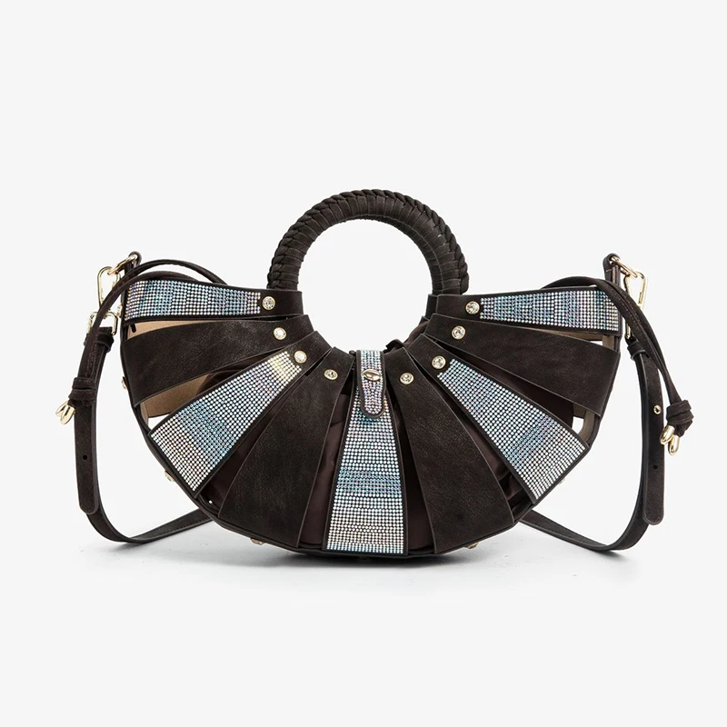 

Ladies' fashion fan-shaped diamond inlaid handbag woven circular shoulder crossbody bag versatile hollowed out dinner shell bag