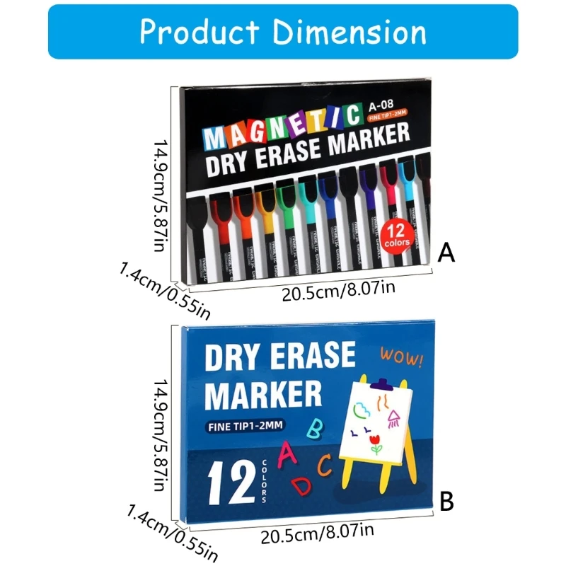 Caneta marcador magnética 12 cores com borracha para quadros pinos, flipchart