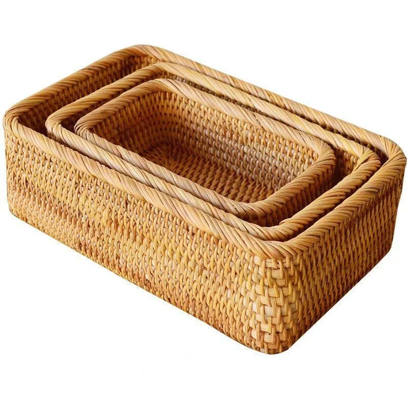 Manual Rattan Wicker Bucket Tableware Picnic Fruit Snack Bread Cosmetic Storage Basket Rectangular Desktop Storage Box Organizer