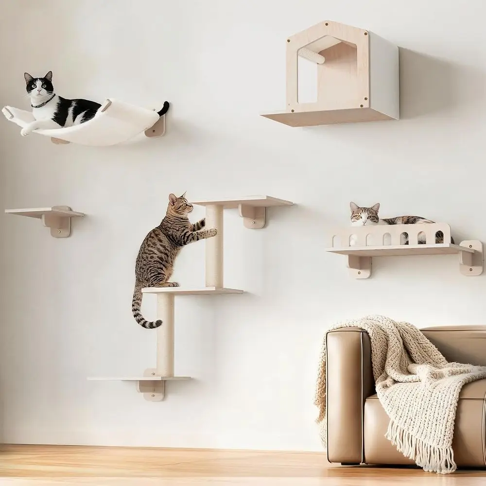 5-in-1 Wall-Mounted Cat Furniture with Large Hammock and Wide Perch, Wooden Climbing Set for Indoor Cats