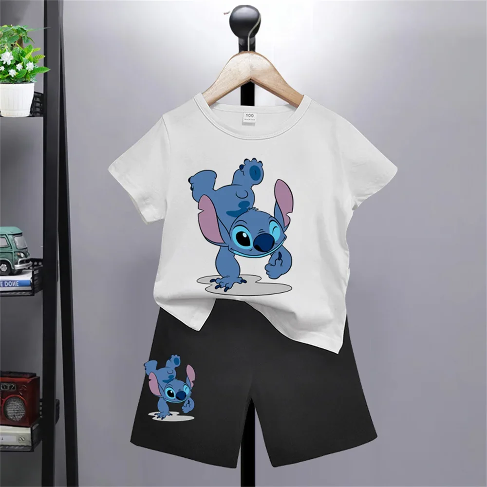 Disney Lilo Stitch Kids T-shirt Pants Kawaii T-shirt Anime Cartoon Kids Casual Clothing 2-piece set Kids Girls Boys Fashion Y2K