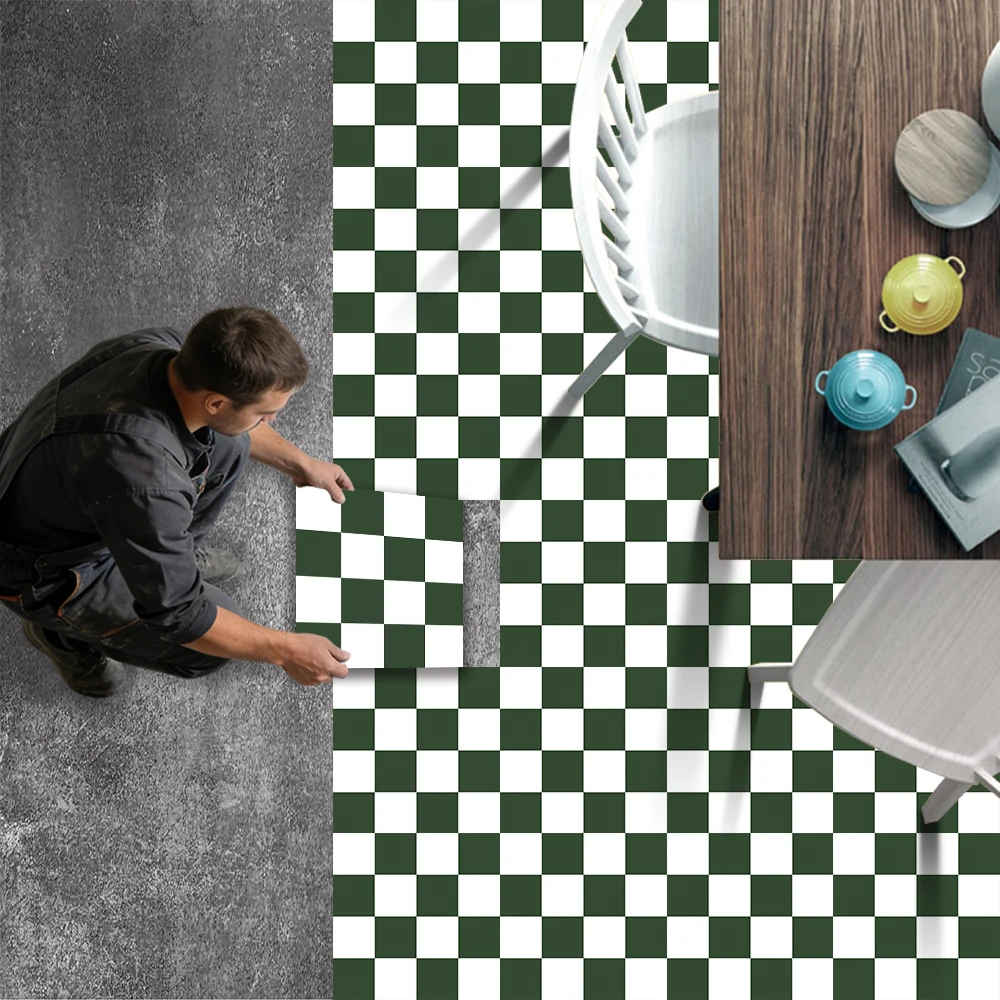 10 Peças de Azulejos de Piso Autoadesivos em Verde e Branco com Estampa de Tabuleiro de Xadrez, 30x30cm, Extra Grossos, Adesivos de PVC Impermeáveis