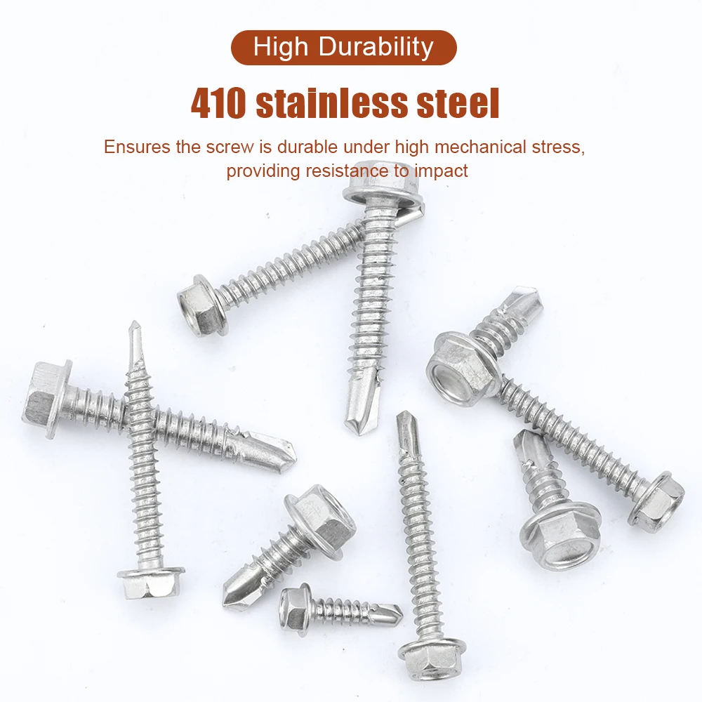 5/10/20 قطعة مسامير الحفر الذاتي برأس الغسالة السداسية 410 مسامير TEK من الفولاذ المقاوم للصدأ # 8 # 10 # 12 # 14 مسامير معدنية ذاتية التنصت
