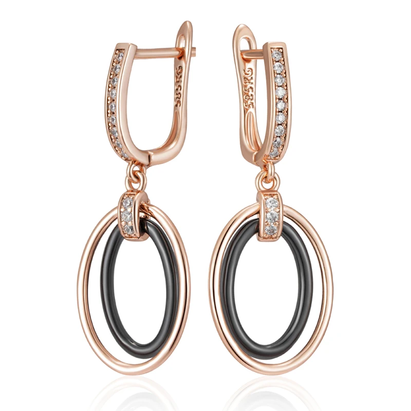Kinel Hot Oval Black Ceramics Long Drop Earrings For Women 585 Rose Gold Color Natural Zircon Accessories Daily Fine Jewelry