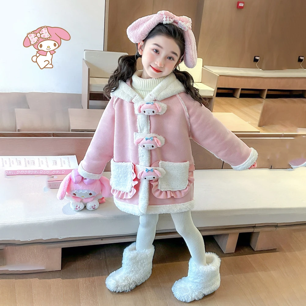 Anime Kawaii My Melody Kids Jacket Sanrios Winter New Cute Fashion Cartoon Fashion Girl Pink Long-Style Hooded Suede Warm Top