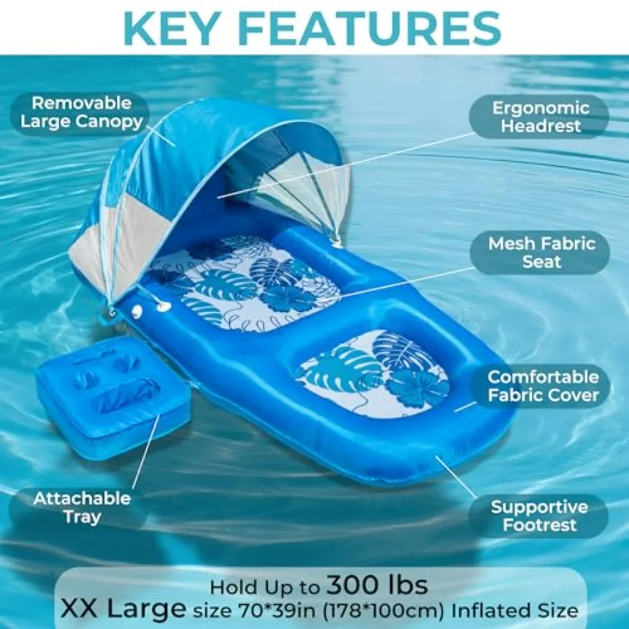 Pool party float lounge: fabric-covered inflatable lounger, 70x39, navy blue, UPF50+ sunshade canopy cupholder caddy