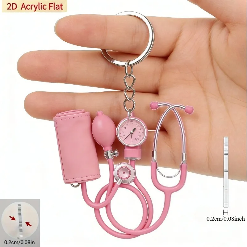 Lot de 2/5 porte-clés plats 2D en acrylique en forme de stéthoscope rose + tensiomètre, un pendentif thérapeutique de style médical, un cadeau idéal pour les infirmières, les médecins et les passionnés de médecine. Pendentif plat 2D léger et délicat